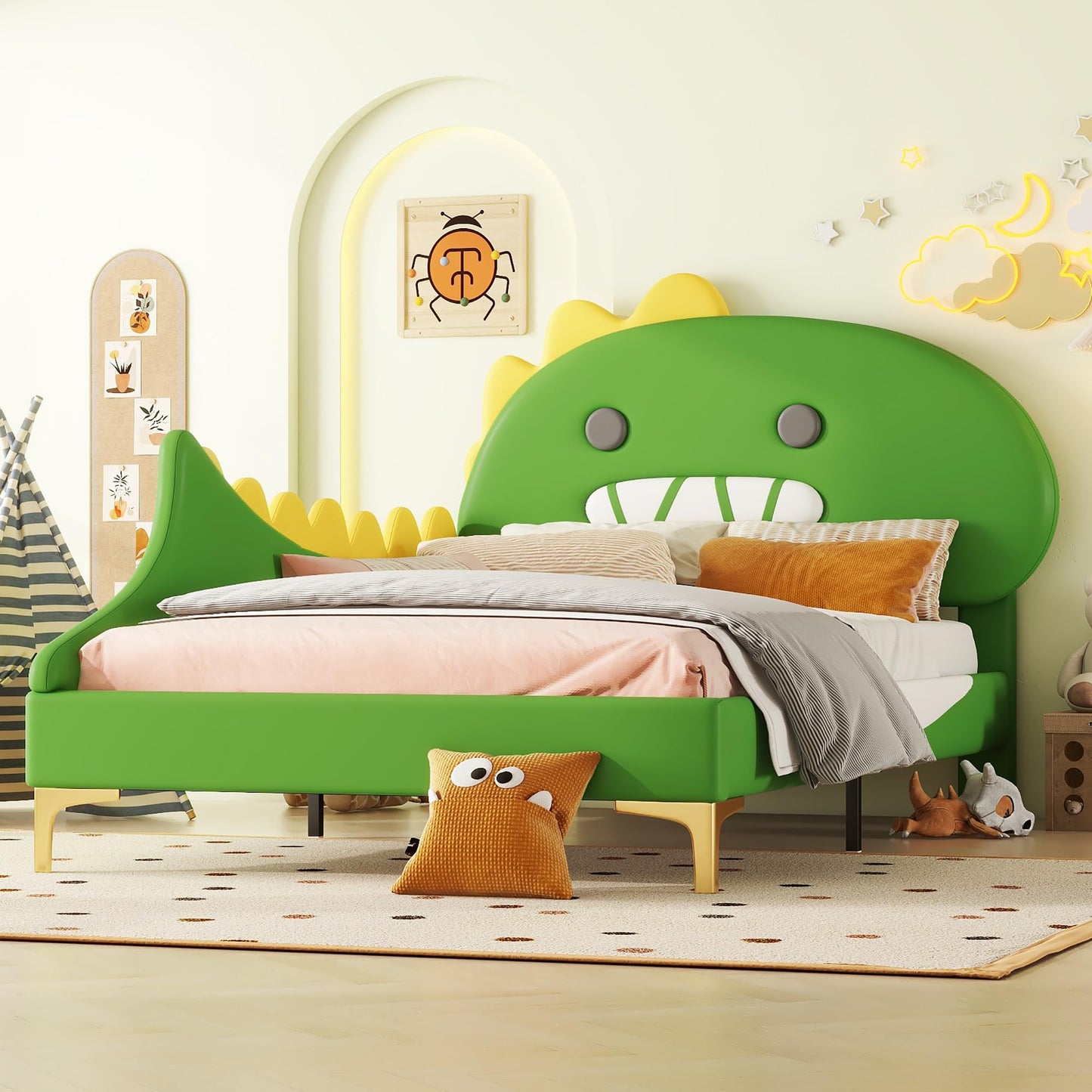 Bett 140x200 mit Lattenrost Kinder Mädchen Doppelbett, Kinderbett, Dinosaurierform, Bettgestell, Jugendbett, Bett für Jungen und Mädchen, PU, ohne Matratze