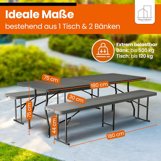 NewHabitat Bierzeltgarnitur 3er Set klappbar – Kunststoff Tisch 180 cm & 2 Bänke mit Tragegriff, Schwarz