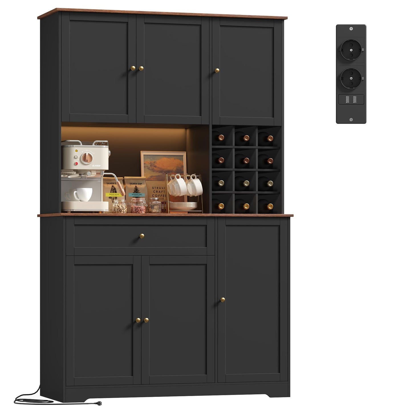 FirFurd Küchenschrank 180 cm mit LED, Steckdosenleiste & Weinregal – Buffetschrank mit Arbeitsplatte, Sideboard für Küche & Kaffeebar