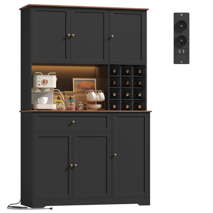 FirFurd Küchenschrank 180 cm mit LED, Steckdosenleiste & Weinregal – Buffetschrank mit Arbeitsplatte, Sideboard für Küche & Kaffeebar