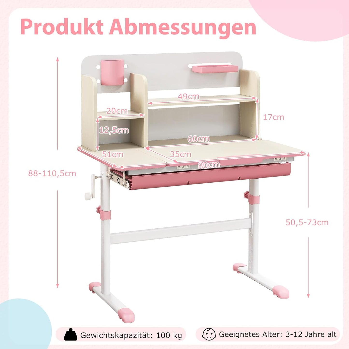 COSTWAY Kinder Schreibtisch höhenverstellbar - neigbare Tischplatte, Regal & Schublade