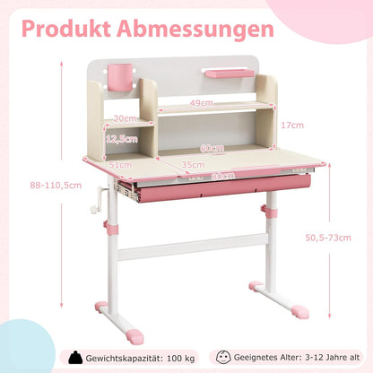 COSTWAY Kinder Schreibtisch höhenverstellbar - neigbare Tischplatte, Regal & Schublade