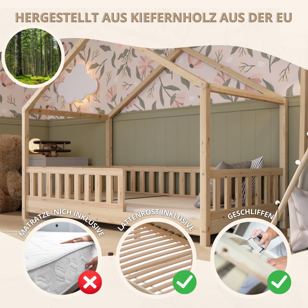 Crazy Pine Hausbett Kinderbett Montessori mit Rausfallschutz, Massivholz, höhenverstellbar, Lattenrost inklusive