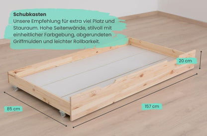 TiCAA Kinderbett Hausbett aus Kiefer Massivholz – mit Schubladen, Rausfallschutz und Rolllattenrost
