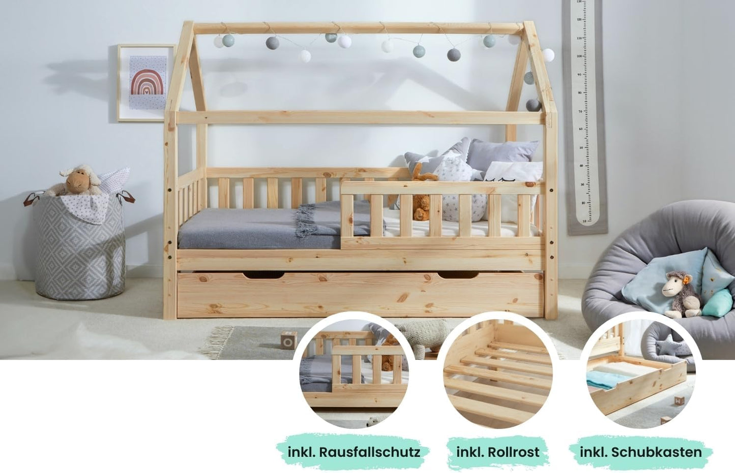 TiCAA Kinderbett Hausbett aus Kiefer Massivholz – mit Schubladen, Rausfallschutz und Rolllattenrost