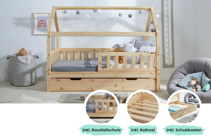 TiCAA Kinderbett Hausbett aus Kiefer Massivholz – mit Schubladen, Rausfallschutz und Rolllattenrost