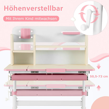 COSTWAY Kinder Schreibtisch höhenverstellbar - neigbare Tischplatte, Regal & Schublade