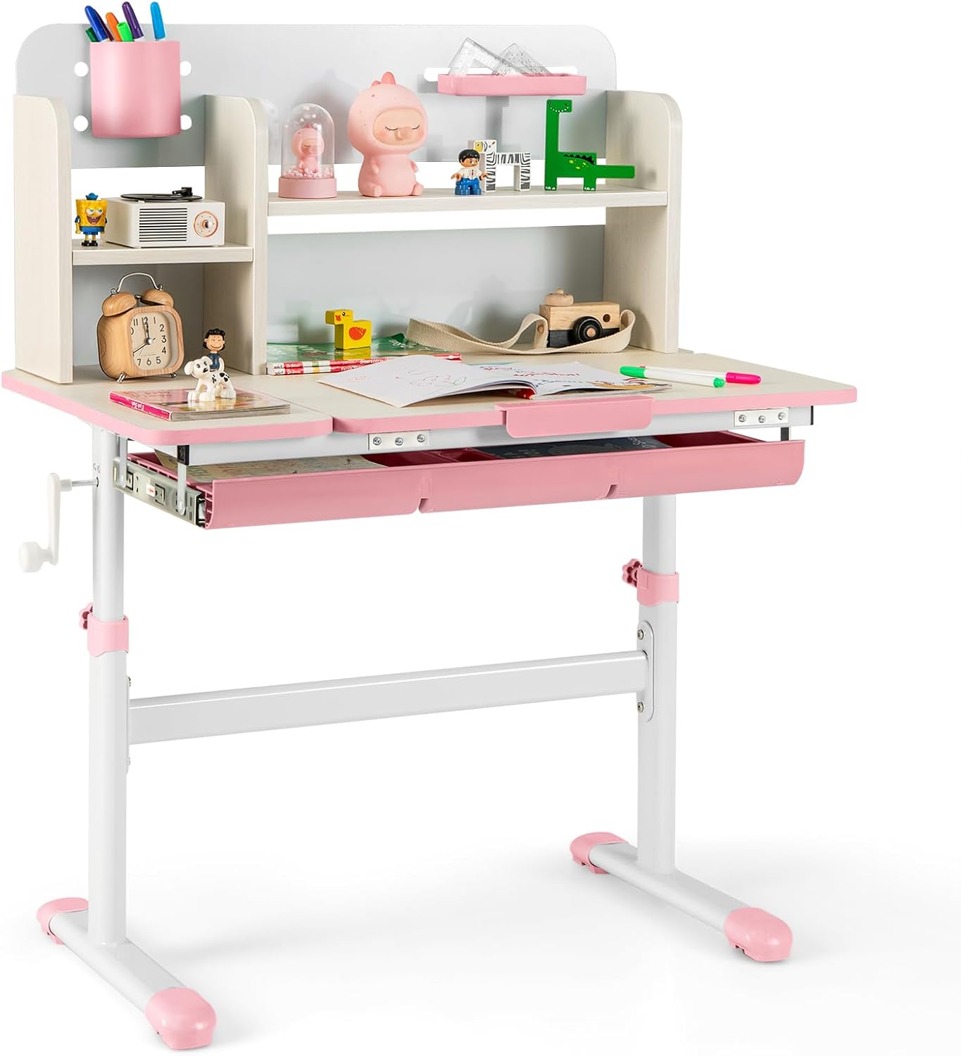 COSTWAY Kinder Schreibtisch höhenverstellbar - neigbare Tischplatte, Regal & Schublade