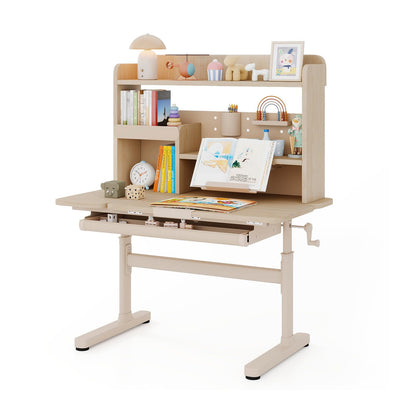 COSTWAY Kinder Schreibtisch höhenverstellbar - neigbare Tischplatte, Regal & Schublade