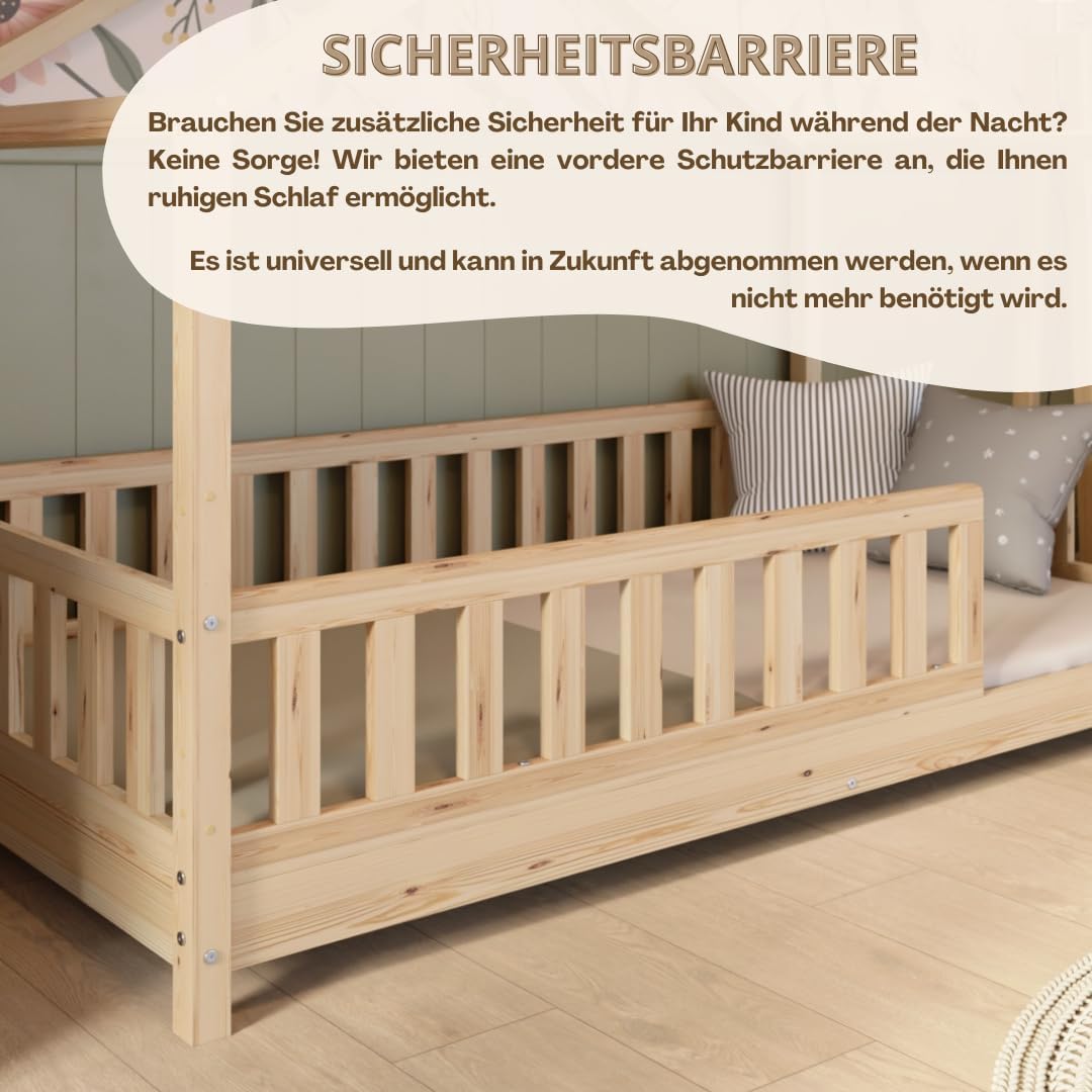 Crazy Pine Hausbett Kinderbett Montessori mit Rausfallschutz, Massivholz, höhenverstellbar, Lattenrost inklusive