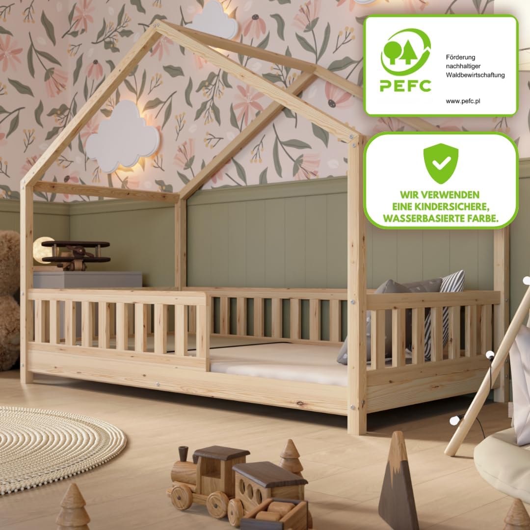 Crazy Pine Hausbett Kinderbett Montessori mit Rausfallschutz, Massivholz, höhenverstellbar, Lattenrost inklusive