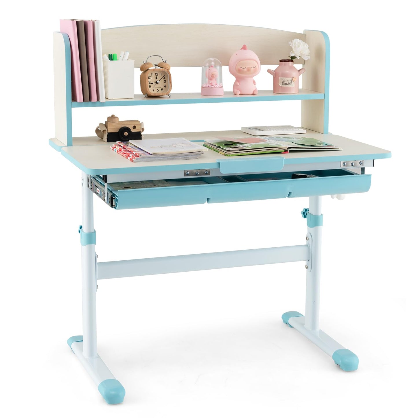 COSTWAY Kinder Schreibtisch höhenverstellbar - neigbare Tischplatte, Regal & Schublade