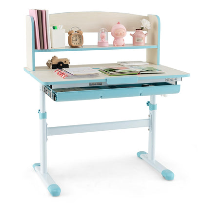 COSTWAY Kinder Schreibtisch höhenverstellbar - neigbare Tischplatte, Regal & Schublade