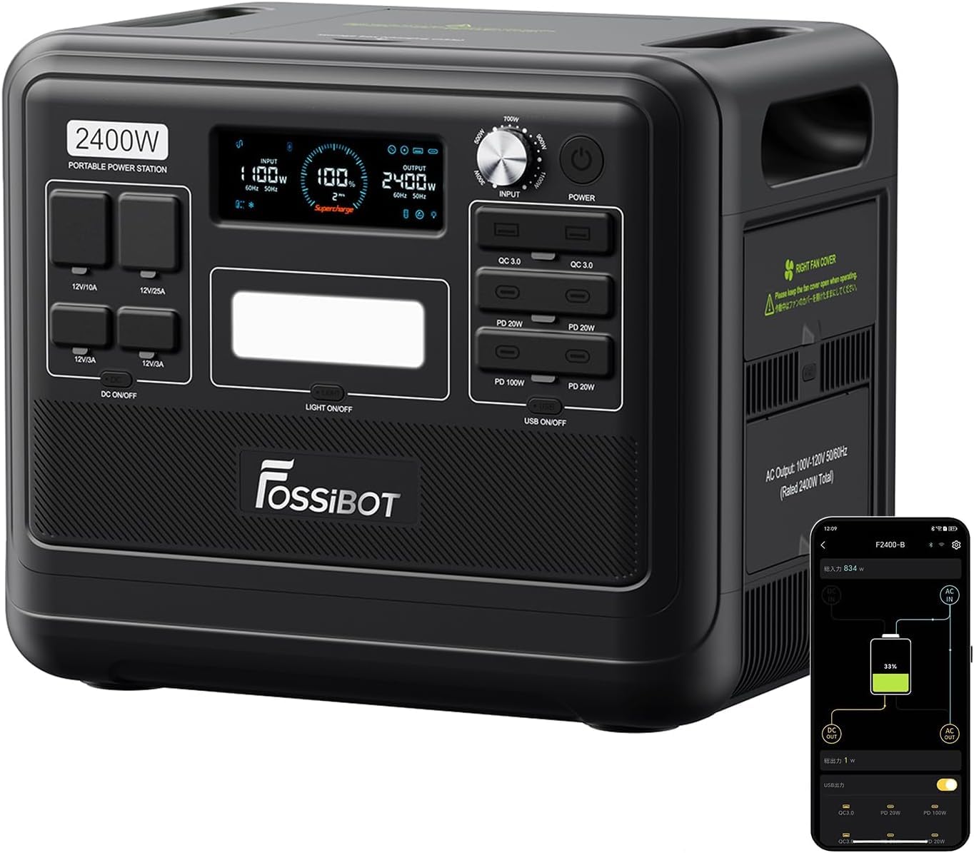 FOSSiBOT F2400 Solargenerator mit Solar panel 400W, 2048Wh, LiFePO4 Tragbare Powerstation, 3 Ausgang AC 2400W (4800W Peak), 1100W Schnellladung, Power Station für Camping, Reisen