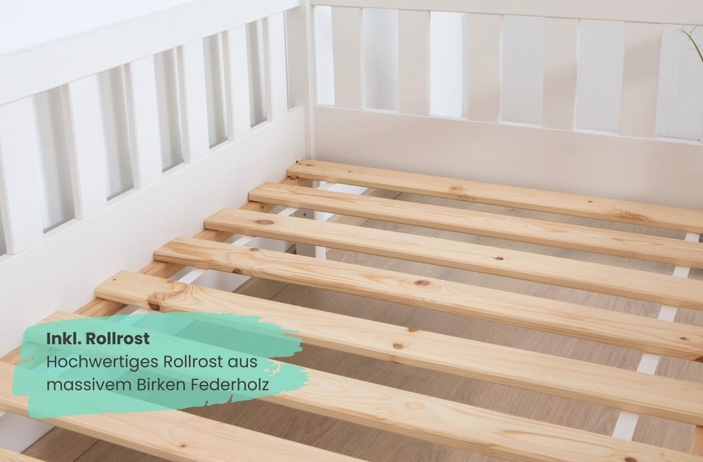 TiCAA Montessori Kinderbett Hausbett aus Kiefernholz mit Rausfallschutz & Rolllattenrost – Bodenbett für Kinder
