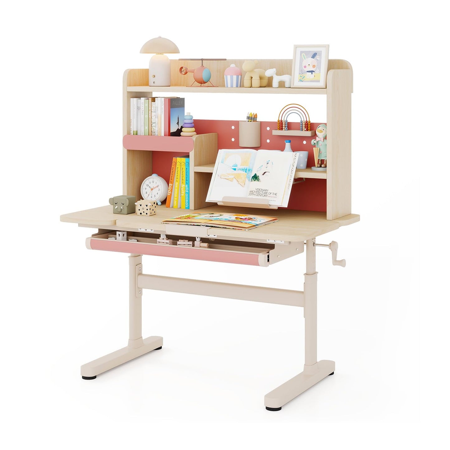 COSTWAY Kinder Schreibtisch höhenverstellbar - neigbare Tischplatte, Regal & Schublade