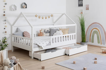 TiCAA Kinderbett Hausbett aus Kiefer Massivholz – mit Schubladen, Rausfallschutz und Rolllattenrost