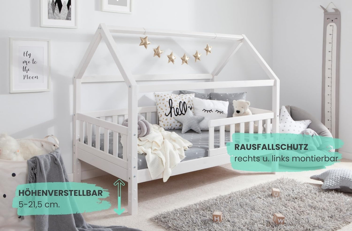 TiCAA Kinderbett Hausbett Montessori Bodenbett aus Massivholz mit Rausfallschutz