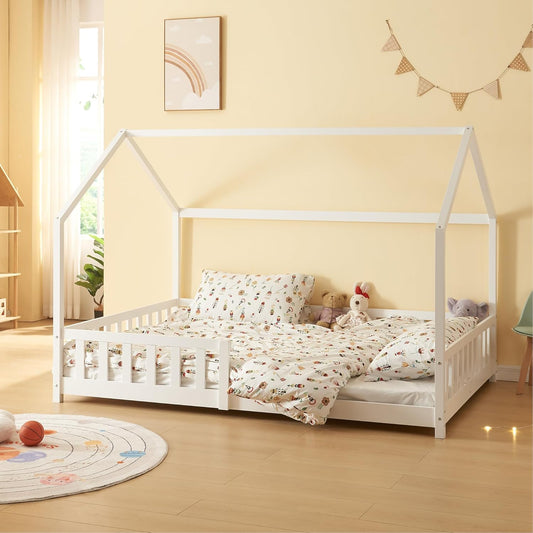 [en.casa] Montessori Kinderbett Hausbett aus Holz mit Rausfallschutz & Lattenrost – Bodenbett für Kinder