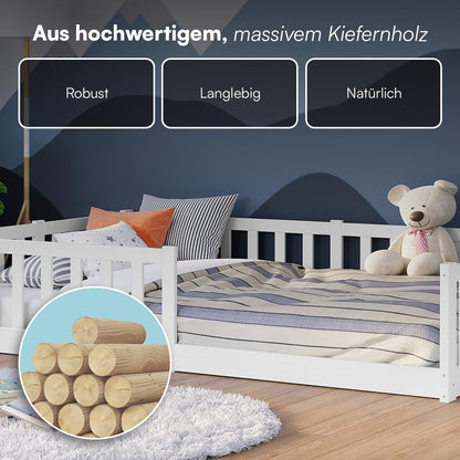 Bellabino Montessori Bodenbett für Kinder aus Kiefernholz mit Rausfallschutz & Lattenrost, 120x200 cm, Weiß
