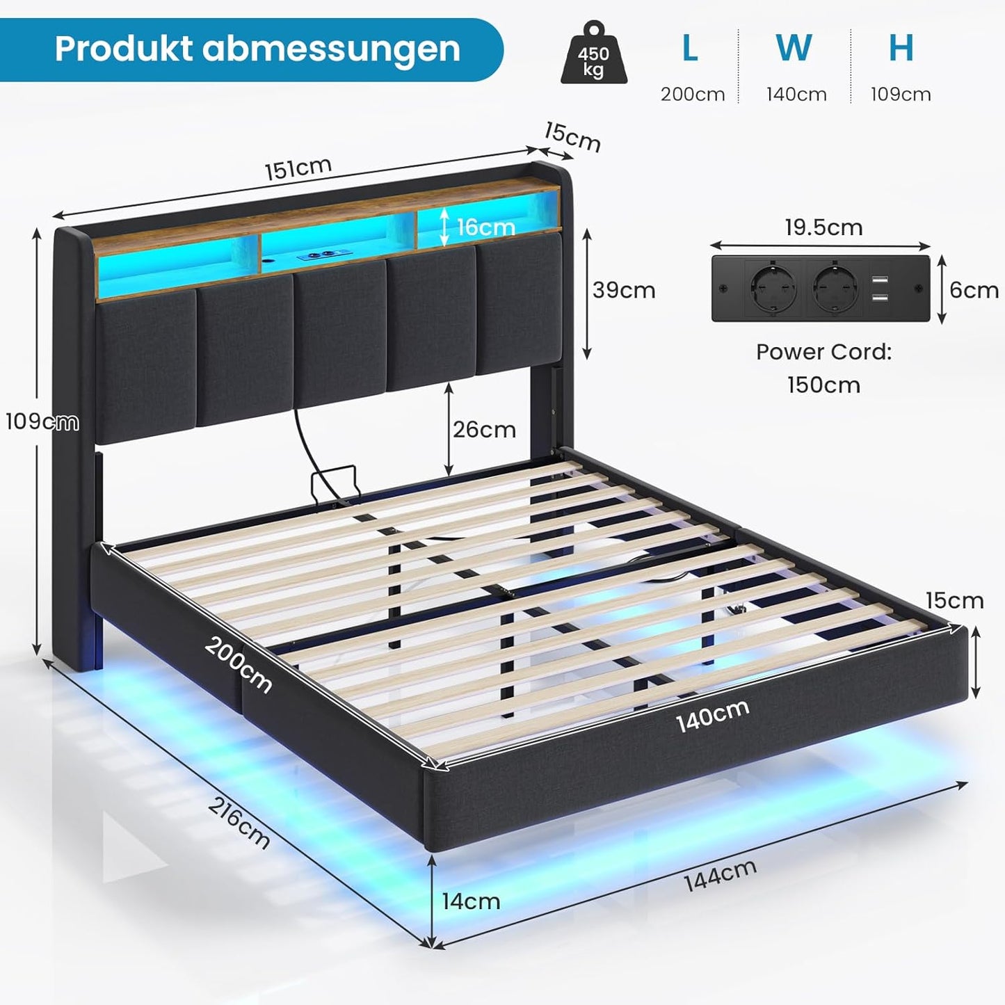 Brinlawb Polsterbett mit LED, Schwebebett mit Kopfteil, Stauraum & Ladestation – Modernes Bett mit Lattenrost für Schlafzimmer