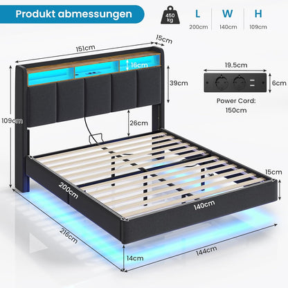 Brinlawb Polsterbett mit LED, Schwebebett mit Kopfteil, Stauraum & Ladestation – Modernes Bett mit Lattenrost für Schlafzimmer