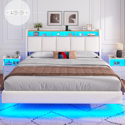 Brinlawb Polsterbett mit LED, Schwebebett mit Kopfteil, Stauraum & Ladestation – Modernes Bett mit Lattenrost für Schlafzimmer