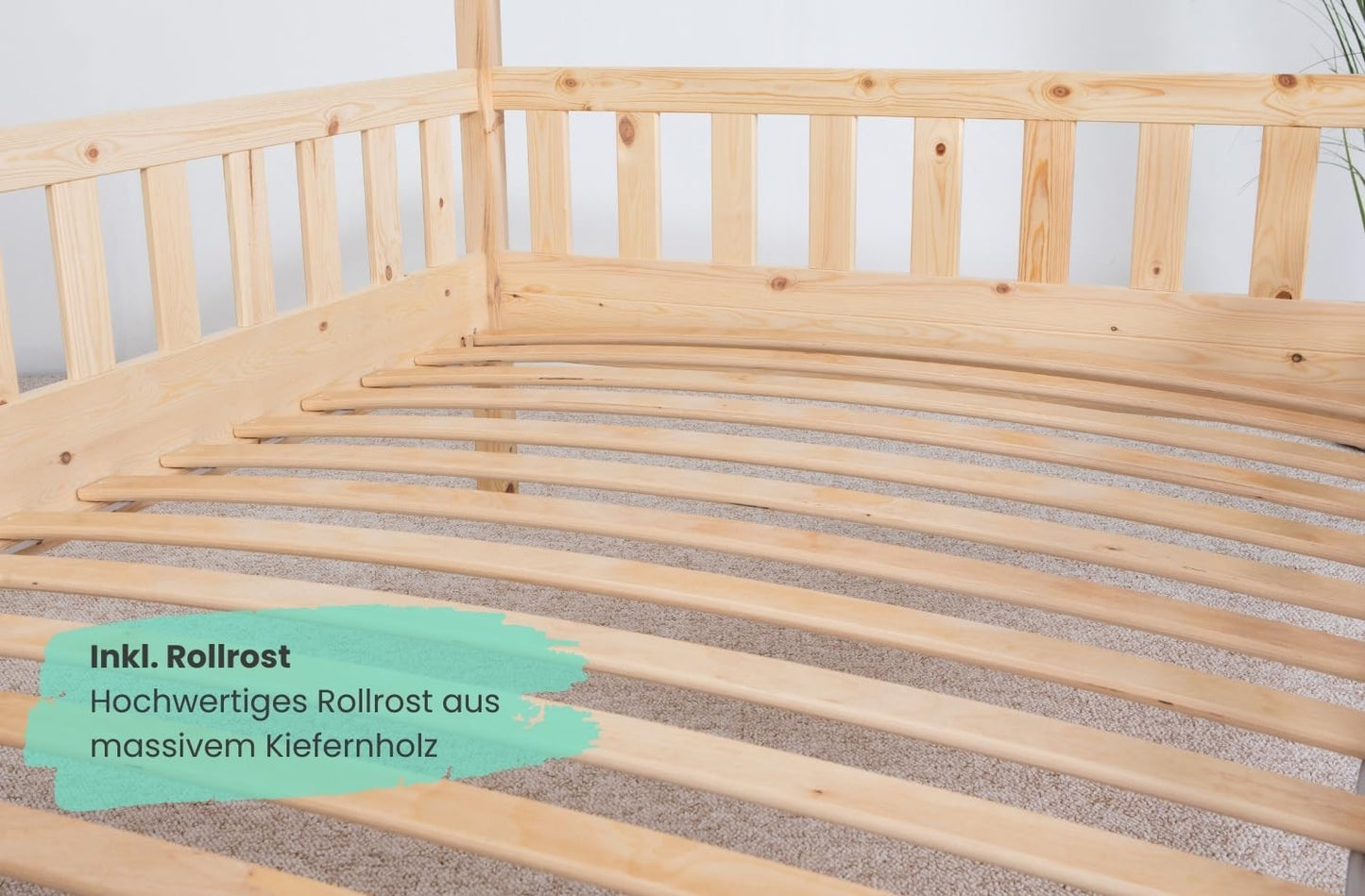 TiCAA Kinderbett Hausbett aus Kiefer Massivholz – mit Schubladen, Rausfallschutz und Rolllattenrost
