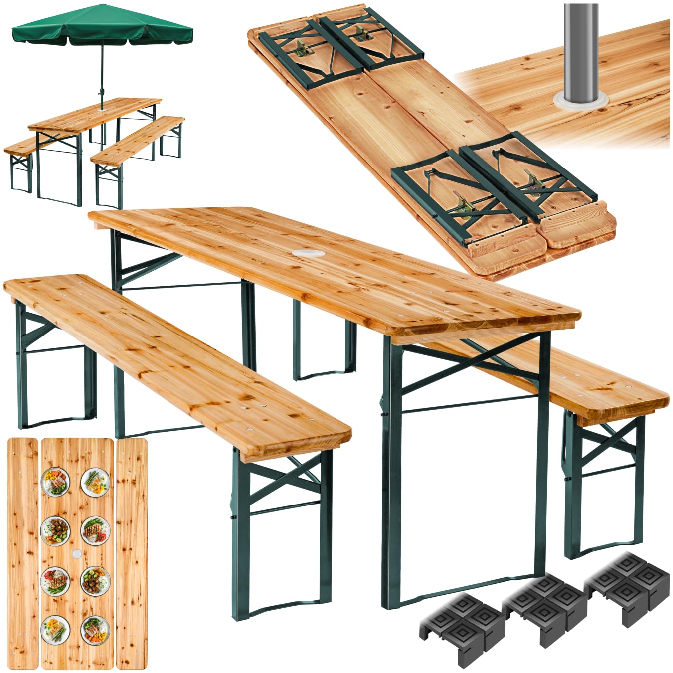 tectake Bierzeltgarnitur mit Lehne – Klappbares Gartenmöbel Set aus Holz & Stahl für bis zu 8 Personen