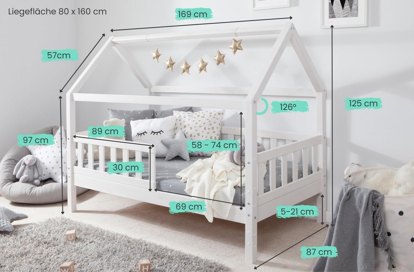 TiCAA Kinderbett Hausbett Montessori Bodenbett aus Massivholz mit Rausfallschutz