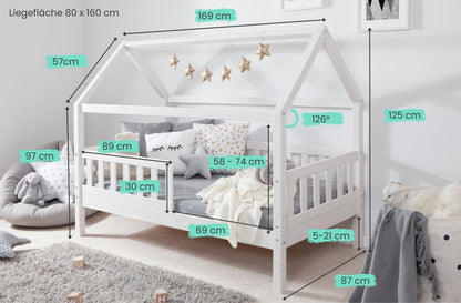 TiCAA Kinderbett Hausbett Montessori Bodenbett aus Massivholz mit Rausfallschutz