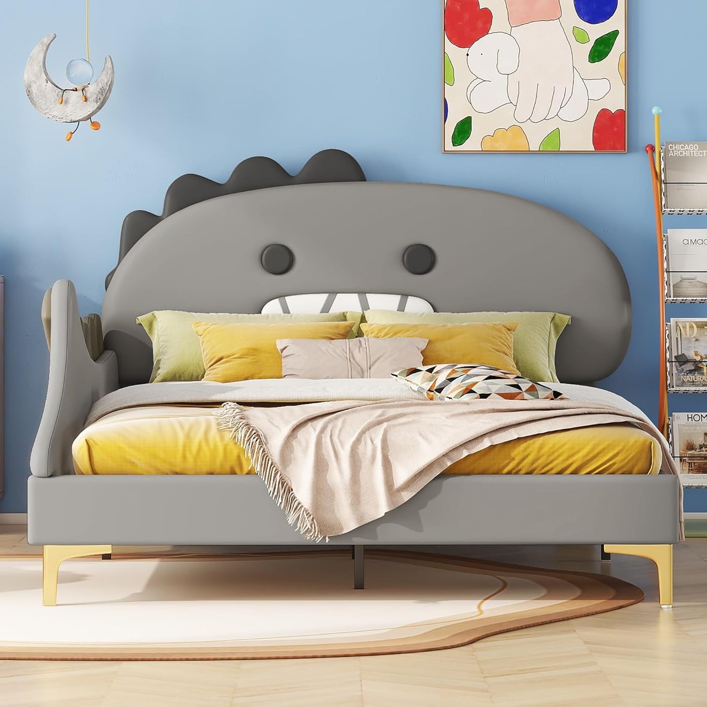Bett 140x200 mit Lattenrost Kinder Mädchen Doppelbett, Kinderbett, Dinosaurierform, Bettgestell, Jugendbett, Bett für Jungen und Mädchen, PU, ohne Matratze