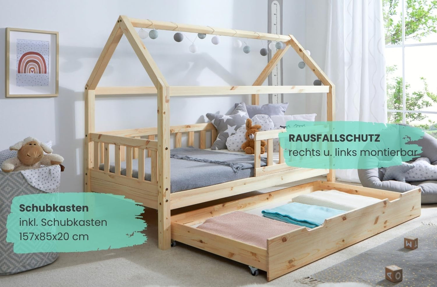 TiCAA Kinderbett Hausbett aus Kiefer Massivholz – mit Schubladen, Rausfallschutz und Rolllattenrost