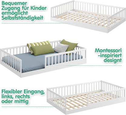CADANI Timi Kinderbett Montessori Bodenbett aus Massivholz, abnehmbarer Rausfallschutz