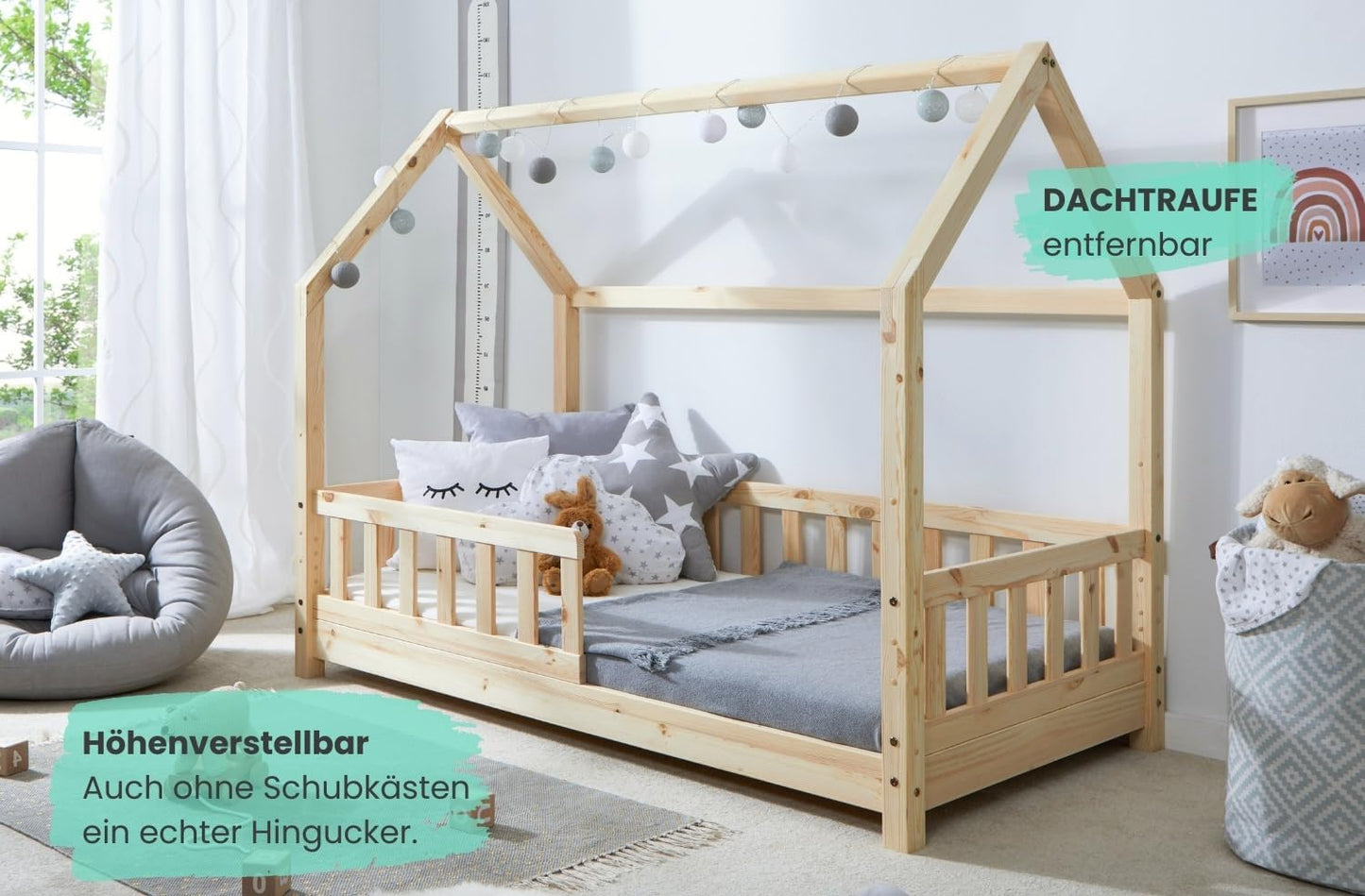 TiCAA Kinderbett Hausbett aus Kiefer Massivholz – mit Schubladen, Rausfallschutz und Rolllattenrost