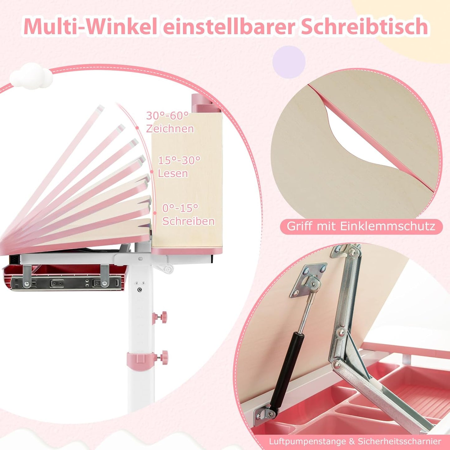 COSTWAY Kinder Schreibtisch höhenverstellbar - neigbare Tischplatte, Regal & Schublade