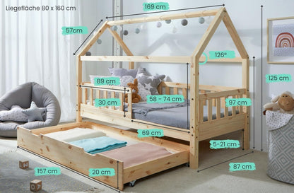 TiCAA Kinderbett Hausbett aus Kiefer Massivholz – mit Schubladen, Rausfallschutz und Rolllattenrost