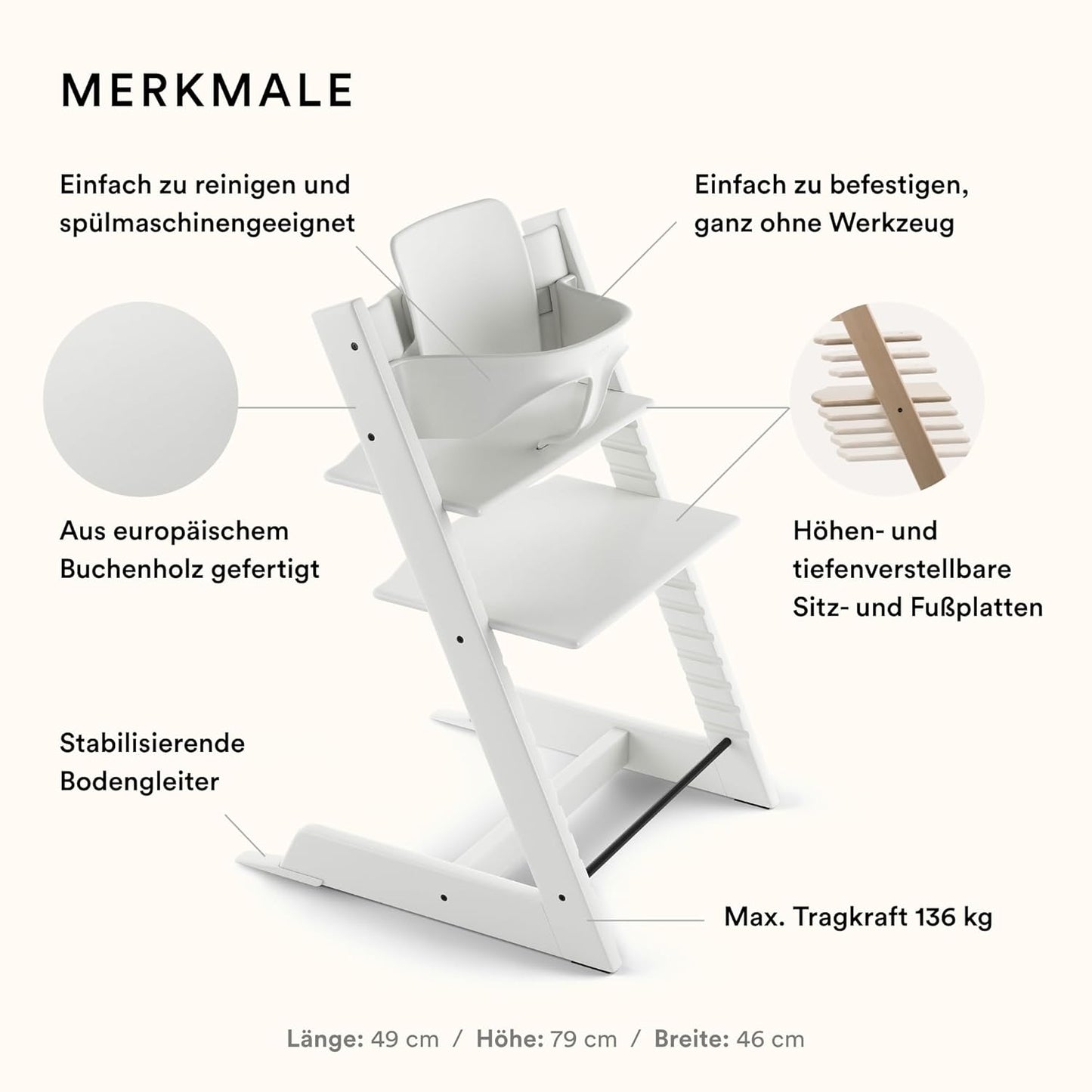 Stokke Tripp Trapp Hochstuhl – Mitwachsend, Verstellbar, Mit Baby Set, weiß