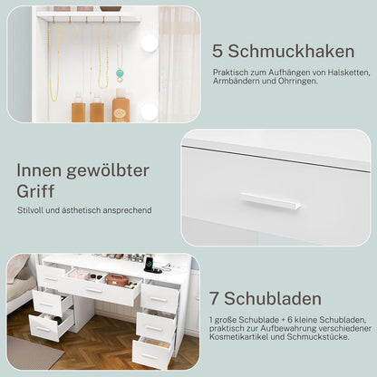 TEENFON Schminktisch mit LED Spiegel und Steckdosen, Weiß, 7 Schubladen