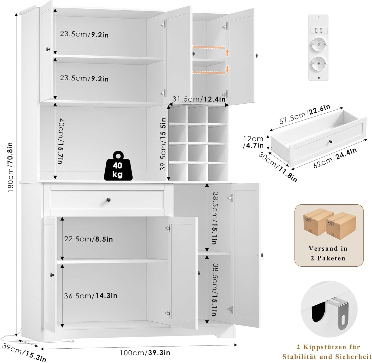 FirFurd Küchenschrank 180 cm mit LED, Steckdosenleiste & Weinregal – Buffetschrank mit Arbeitsplatte, Sideboard für Küche & Kaffeebar