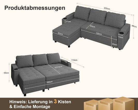 Devoko Ecksofa mit Schlaffunktion – 3-Sitzer, Bettkasten & Schlaffunktion