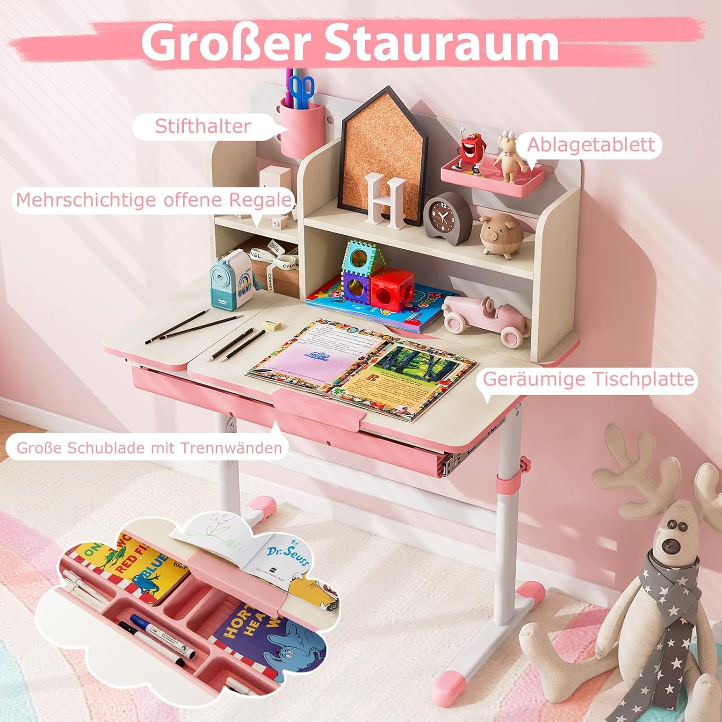 COSTWAY Kinder Schreibtisch höhenverstellbar - neigbare Tischplatte, Regal & Schublade