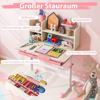 COSTWAY Kinder Schreibtisch höhenverstellbar - neigbare Tischplatte, Regal & Schublade