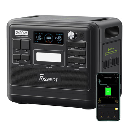 FOSSiBOT F2400 Solar Generator mit 200W Solar Panel, 2400W Tragbare Powerstation 2048Wh LiFePO4 with 3AC Ausgabe (4800W Peak), 13 Steckdosen Stromspeicher für Outdoor, Camping im Wohnmobil Backup