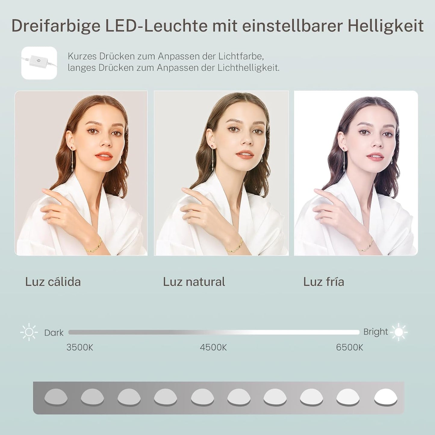 TEENFON Schminktisch mit LED Spiegel und Steckdosen, Weiß, 7 Schubladen