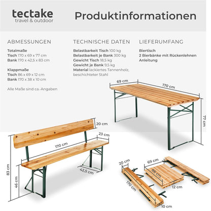 tectake Bierzeltgarnitur mit Lehne – Klappbares Gartenmöbel Set aus Holz & Stahl für bis zu 8 Personen