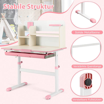 COSTWAY Kinder Schreibtisch höhenverstellbar - neigbare Tischplatte, Regal & Schublade