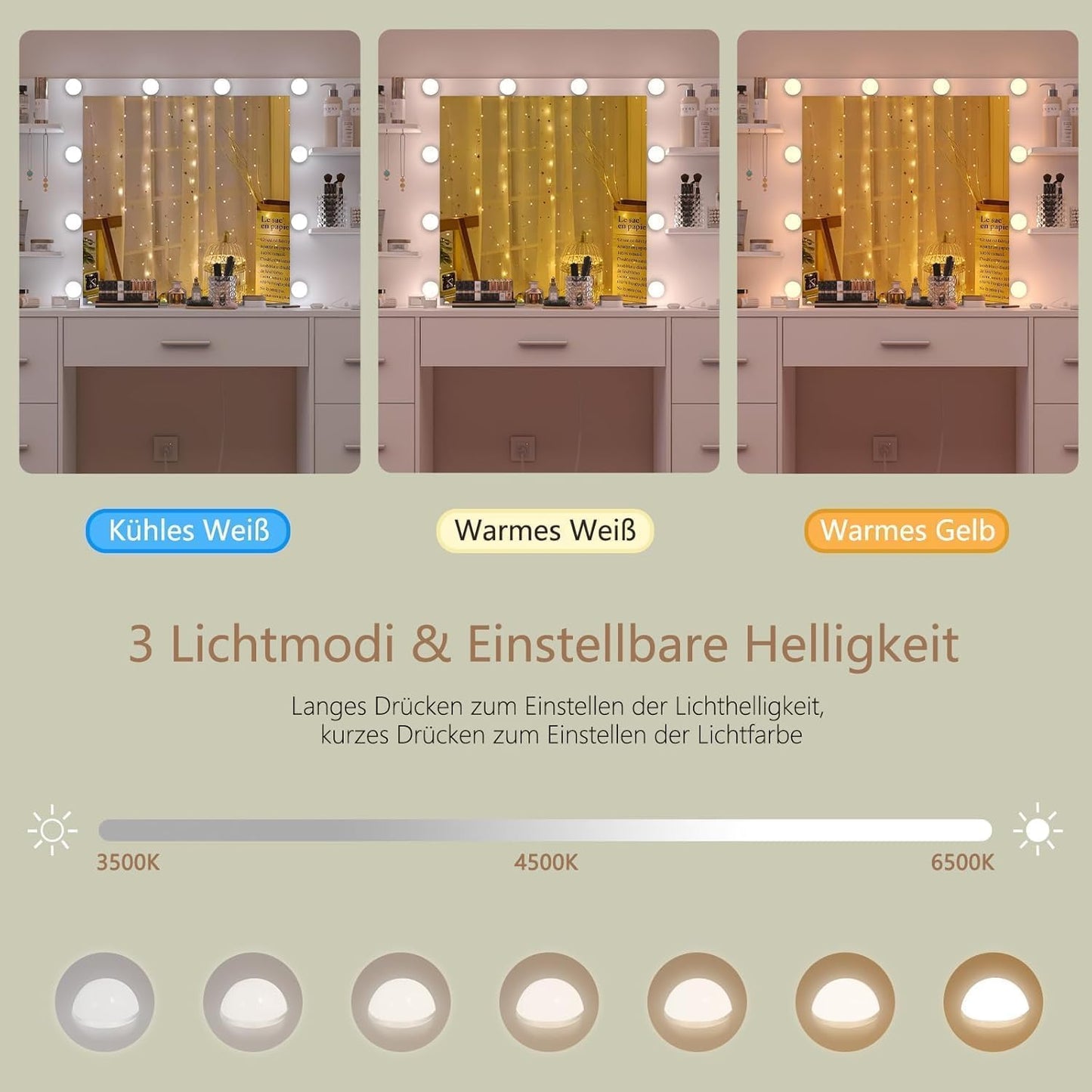 TEENFON Schminktisch mit LED Spiegel & Steckdosen, 7 Schubladen, Weiß