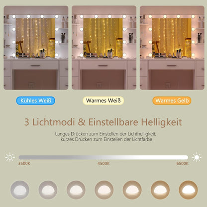 TEENFON Schminktisch mit LED Spiegel & Steckdosen, 7 Schubladen, Weiß