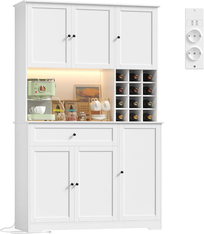 FirFurd Küchenschrank 180 cm mit LED, Steckdosenleiste & Weinregal – Buffetschrank mit Arbeitsplatte, Sideboard für Küche & Kaffeebar